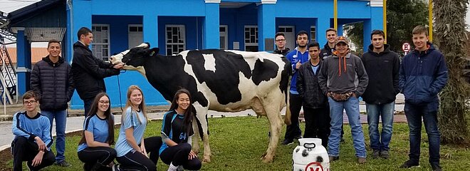 Alunos vitoriosos posam ao lado da vaca vice-campeã